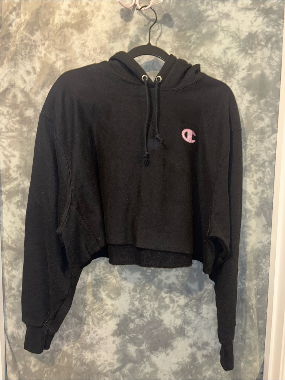 Champion Black Cropped Hoodie with Pink Logo - Women's Sweater